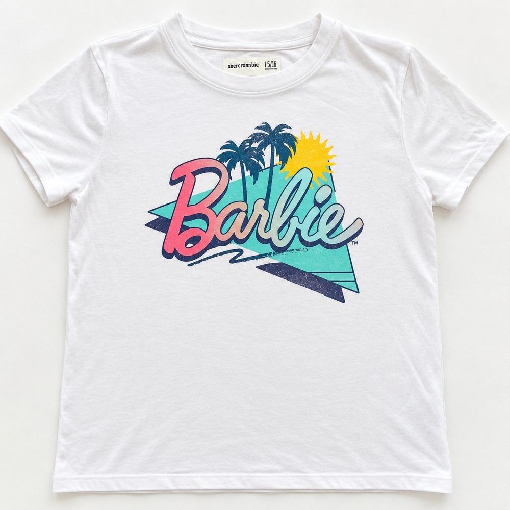 Abercrombie Kids Girls Barbie Graphic Tee White Retro Palm Tree Sun Shirt 9/10